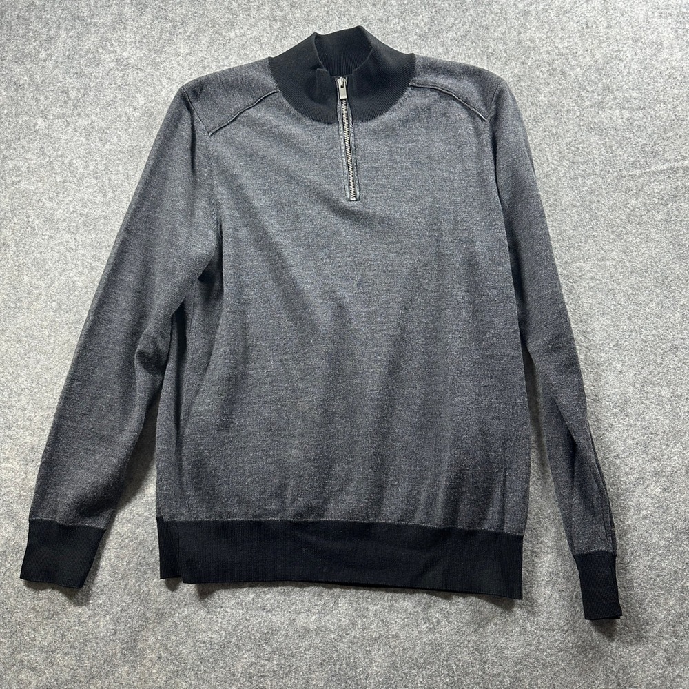 The Kooples Quarter Zip Sweater Mens L Gray Black Mock Neck Wool Blend Trim Flaw
